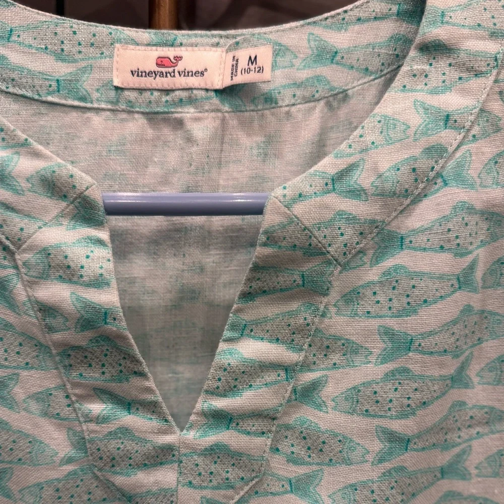 Vineyard Vines Girls 100% Linen Fish Print Tunic – Size M (10–12)